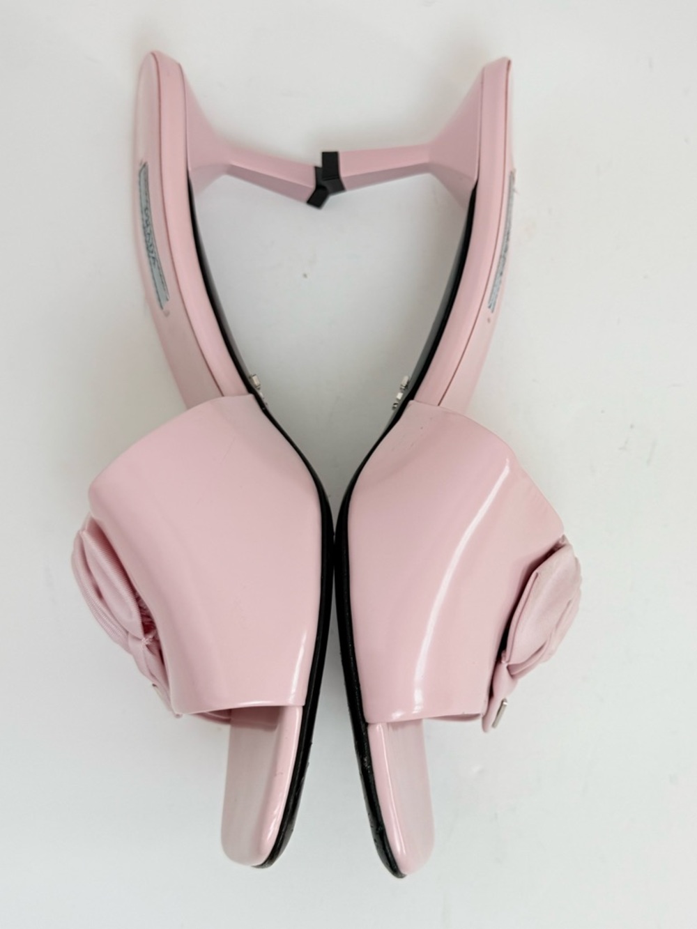 Prada Pink Rosette Triangle logo Square Toe slide Mule kitten Heels EU 39 US 9 - Picture 13 of 13